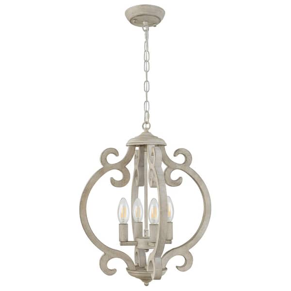 Unbranded 4-Light Distressed White Farmhouse Rustic Wood Chandelier for Kitchen Island Living Room Dining Room