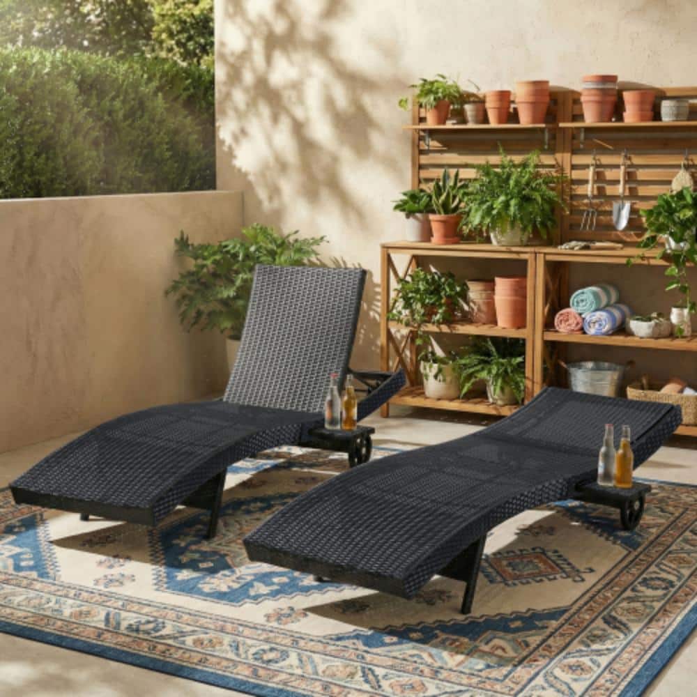 Wicker Patio Chaise Lounge Set 2 Rolling Wheels Pull Out Side Table Adjustable Backrest Ergonomic Black price history on PriceWatchPro