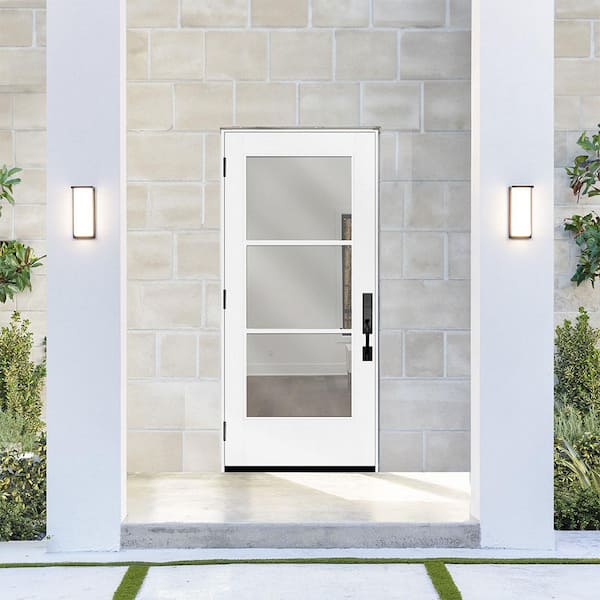 Legacy 36 in. x 80 in. Icon 3 Lite Modern Clear Glass RHOS Primed Fiberglass Prehung Front Door