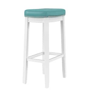 Concord 32.25 in. H Teal and White Backless Wood Frame Barstool with Faux Leather Seat