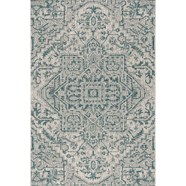Estrella Bohemian Medallion Teal/Gray 5 ft. 3 in. x 7 ft. 7 in. Textured Weave Indoor/Outdoor Area Rug