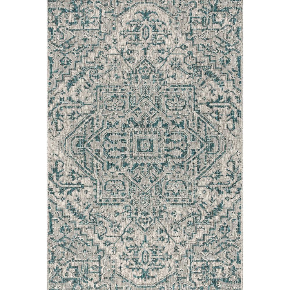 Estrella Teal and Gray Synthetic Medallion 8' x 10' Area Rug