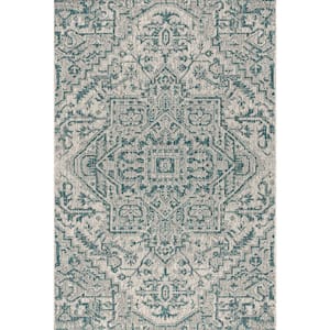 Estrella Bohemian Medallion Teal/Gray 7 ft. 9 in. x 10 ft. Textured Weave Indoor/Outdoor Area Rug