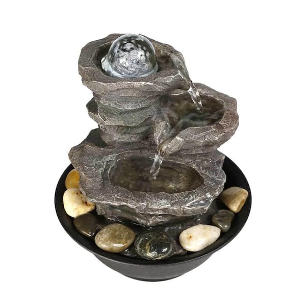 Tidoin 9.84 in. 3-Tier ​Cascading Resin-Rock Falls Tabletop Water Fountain with LED Lights and Bal