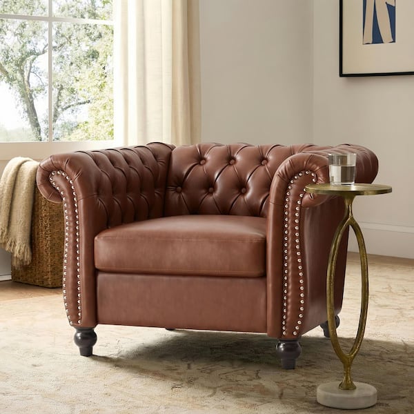 Chesterfield Inspiration Brown PU Deep Button Tufting Club Chair Arm Chair with Scrolled Arms