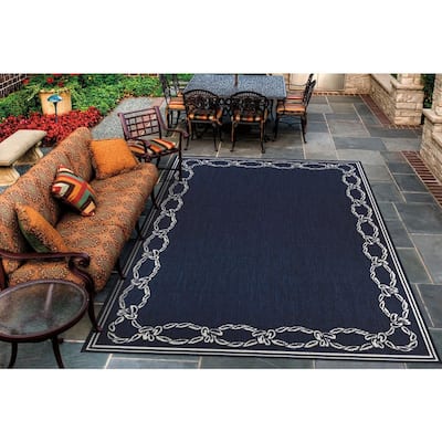 Farmhouse 7' x 9' Oval Traditional Tweed Indoor Outdoor Checkered Geometric Braided Rug Rustic Handcrafted Textured Durable Polypropylene Reversible Federal Blue Area Rug for Living Room & Patio 