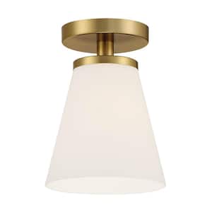 Palmyra 7 in. 1-Light Brushed Gold Modern Semi Flush Mount Ceiling Light with Etched Opal Glass Shade
