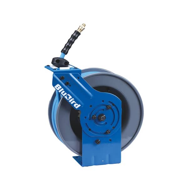 3/8 in. x 50 ft. Rubber Air Hose and Single Arm Steel Hose Reel with Swivel Mount Base, Coupler and Socket Wrench