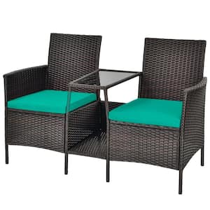 1-Piece Wicker Rattan Patio Conversation Set Loveseat with Glass Table and Green Cushion