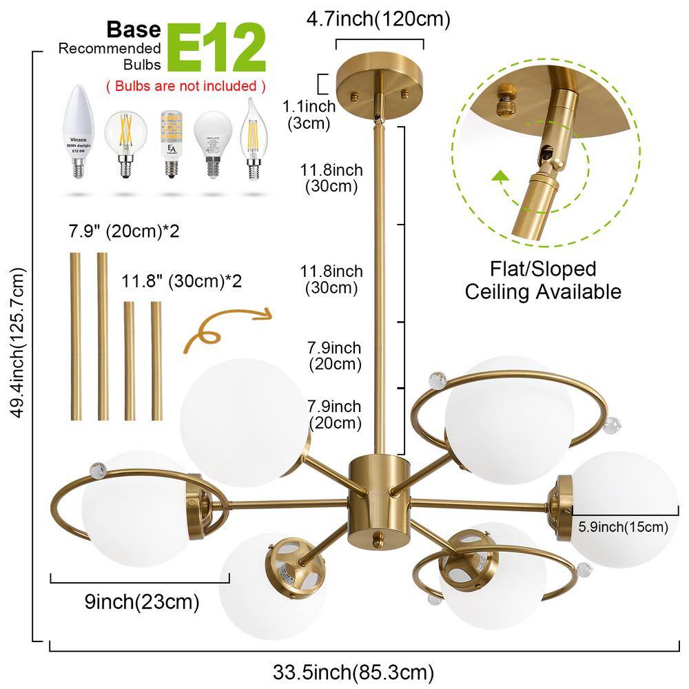 Gold Brass 6-Light Sputnik Chandelier with Milk Glass Shades