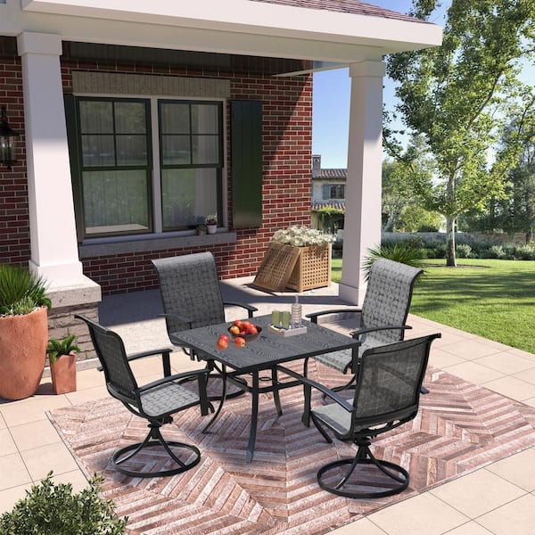 Clihome 5-Piece Gray Iron Removable Teslin Swivel Chair and Table Outdoor Dining Set