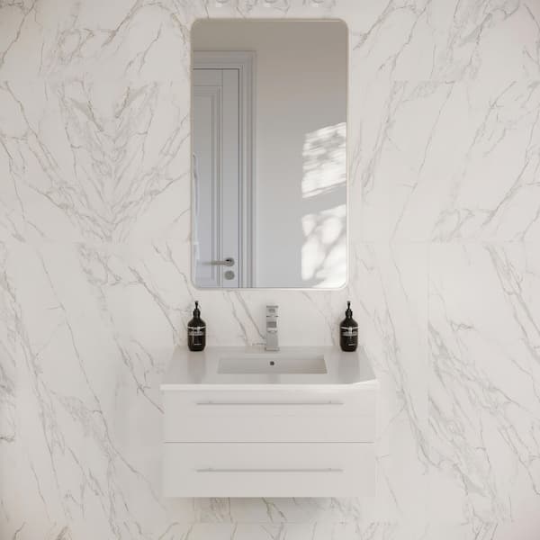 Lucera 30 in. Single Sink Wall Mount Floating White Bath Vanity with White Quartz Top and Undermount Ceramic Sink