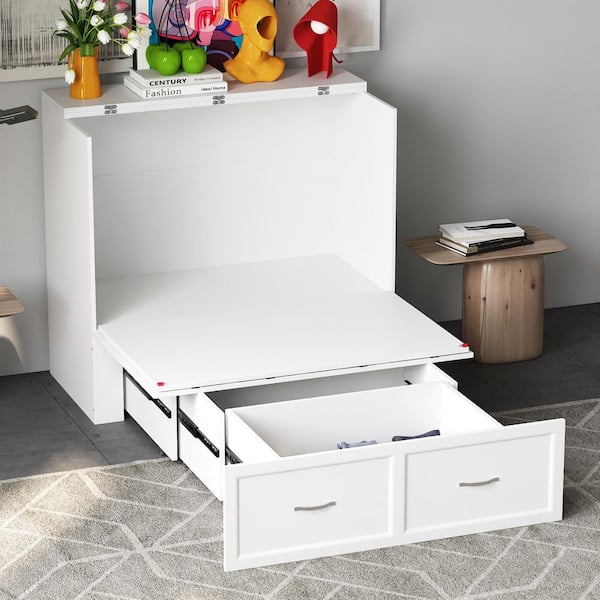 White Wood Frame Twin Size Bed Murphy Bed, Chest Cabinet With 1-Large Drawer, USB Charging Station and Wheels