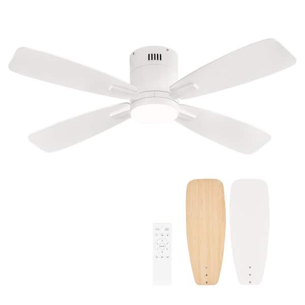 42 in. indoor Flush Mount Low Profile Matte White Color Changing LED Ceiling Fan with Light Kit and Remote Control