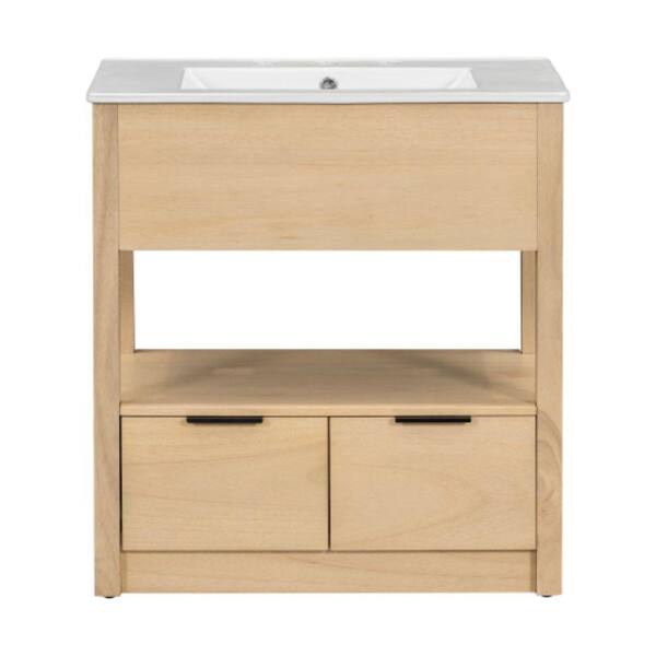 Sanlan BY05 30.0 in. W x 18.3 in. D x 32.5 in. H Single Sink Freestanding Bath Vanity in Natural with White Solid Surface Top