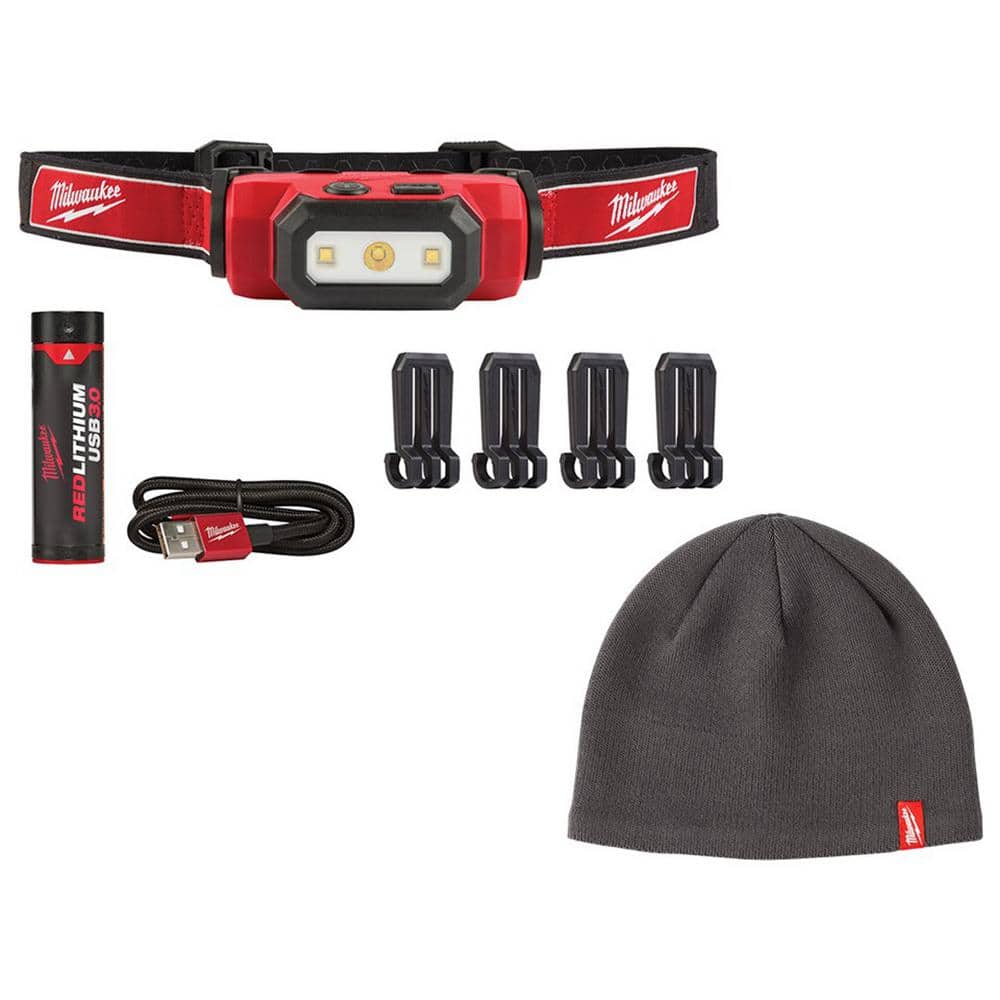 Milwaukee 475 Lumens LED Rechargeable Hard Hat Headlamp with Men's Gray Fleece Lined Knit Hat, Black
