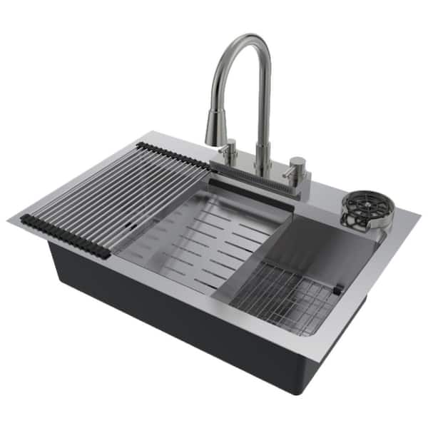 CMI Drexmore 33 in. Drop-In/Undermount Single Bowl 18-Gauge Stainless Steel Workstation Sink with Waterfall Faucet