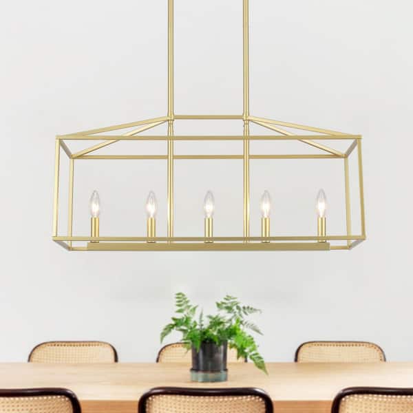 5-Light Farmhouse Gold Rectangle Hanging Linear Island Chandelier Lighting for Kitchen Island