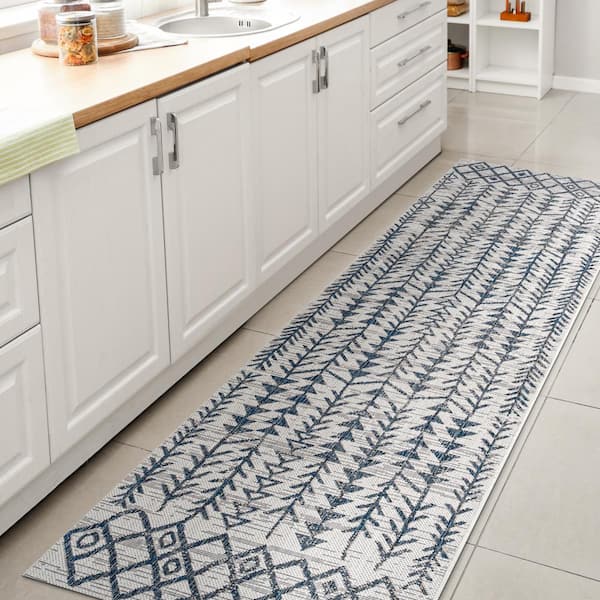 JONATHAN Y Tokay Bohemian Geometric Ivory/Blue 2 ft. x 10 ft. Indoor/Outdoor Area Rug