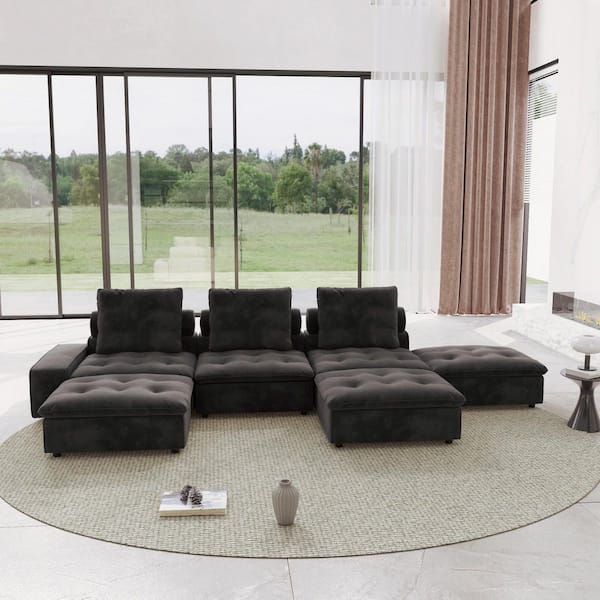 Magic Home 209 in. Modern Square Arm 6-Piece Velvet Down Filled Curved Modular Cloud Sectional Sofa with Ottoman in Gray
