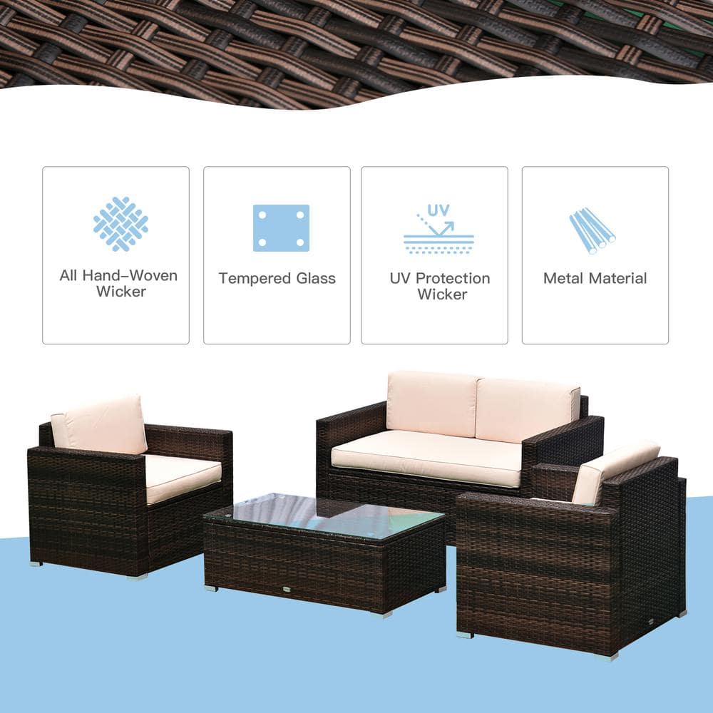 Rattan Wicker 4-Person Patio Set with Cushioned Chairs & Glass Table
