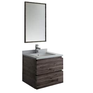 Formosa 24 in. Modern Wall Hung Vanity in Warm Gray with Quartz Stone Vanity Top in White with White Basin and Mirror