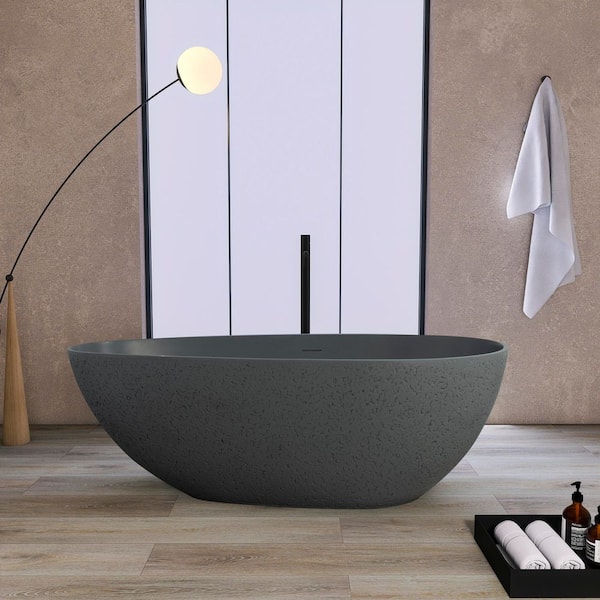 65 in. x 33 in. Artificial Stone Soaking Bathtub in Cement Gray Solid Surface Modern Tub with Overflow and Pop-up Drain