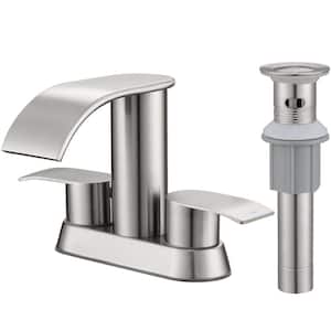 4 in. Centerset Double-Handle Waterfall Spout Bathroom Vessel Sink Faucet with Pop Up Drain Kit in Brushed Nickel