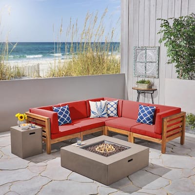 Oana Teak Brown 7-Piece Wood Patio Fire Pit Sectional Seating Set with Red Cushions
