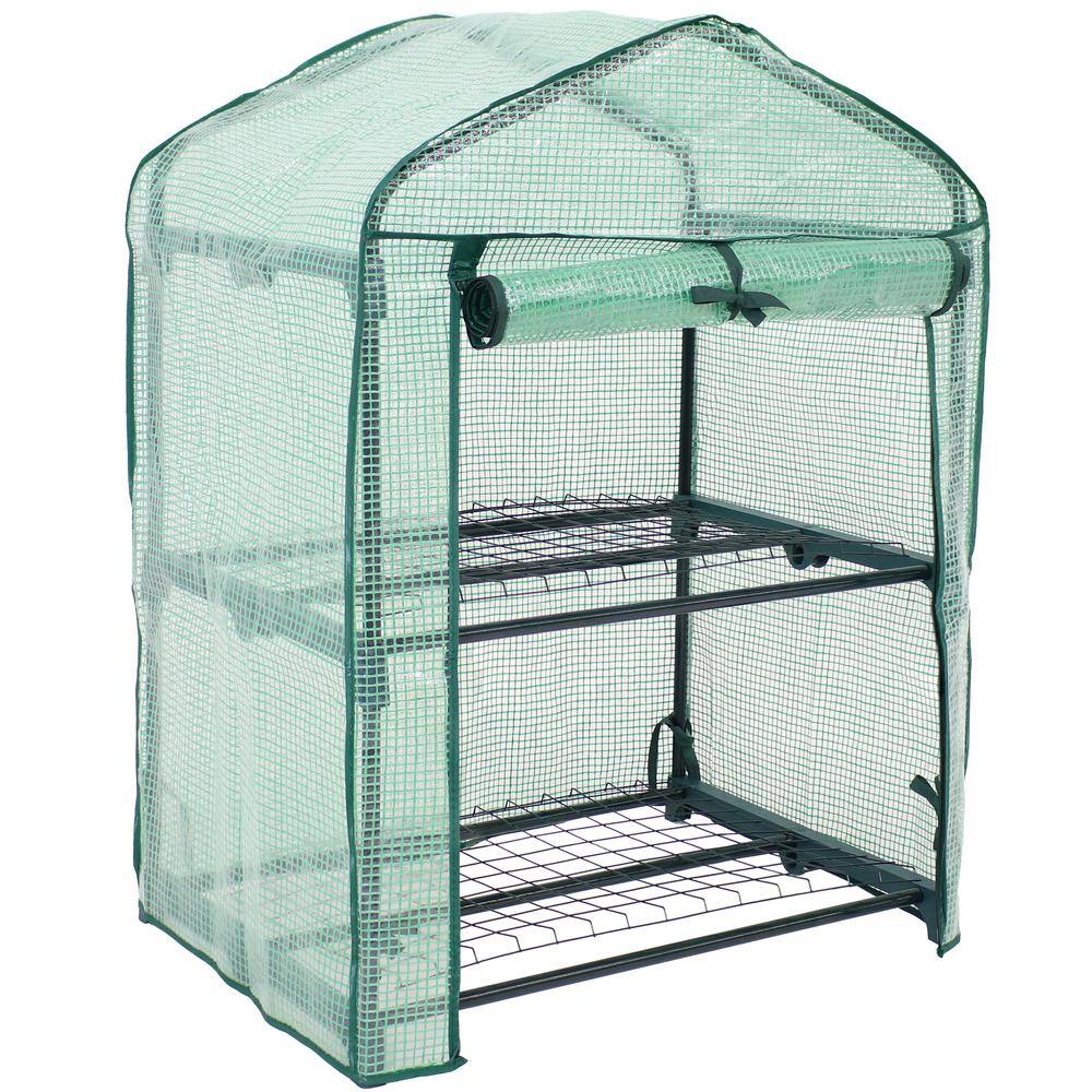 26.5" Green Polyethylene 2-Tier Mini Greenhouse with Shelves