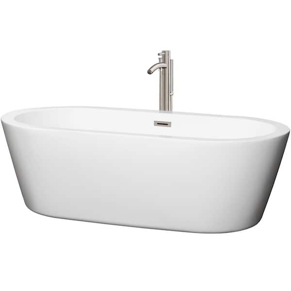 Wyndham Collection Mermaid 71 in. Acrylic Flatbottom Center Drain Soaking Tub in White with Floor Mounted Faucet in Brushed Nickel