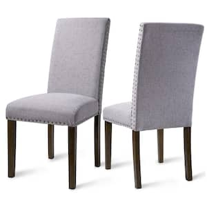 Grey Linen Fabric Upholstered Dining Side Chair with Copper Nails and Solid Wood Legs(Set of 2)