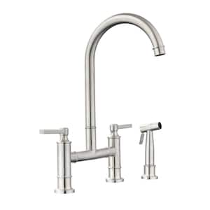 Double Handle Bridge Kitchen Faucet with Side Spray in Brushed Nickel