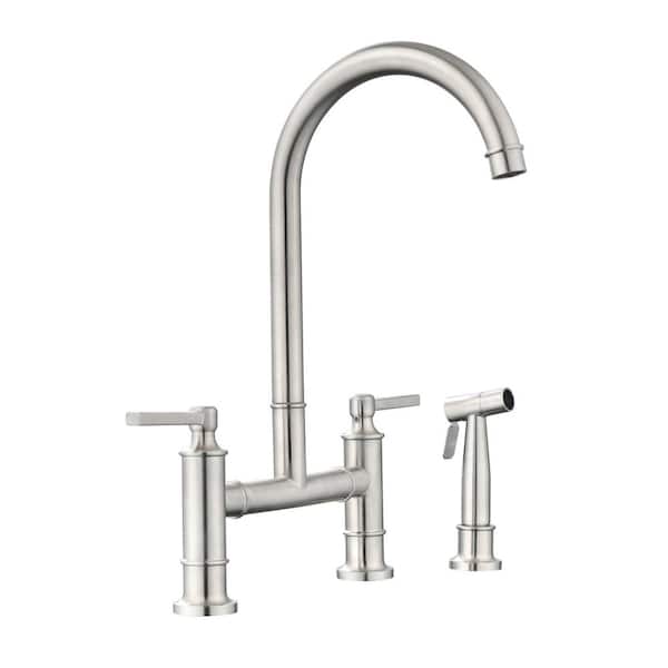 Double Handle Bridge Kitchen Faucet with Side Spray in Brushed Nickel