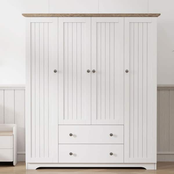 White Solid Wood 60.6 in. Wardrobe with 4 Doors and 2 Drawers