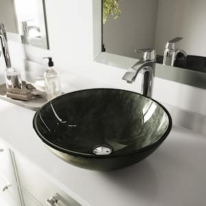 Glass Round Vessel Bathroom Sink in Onyx Gray with Linus Faucet and Pop-Up Drain in Chrome