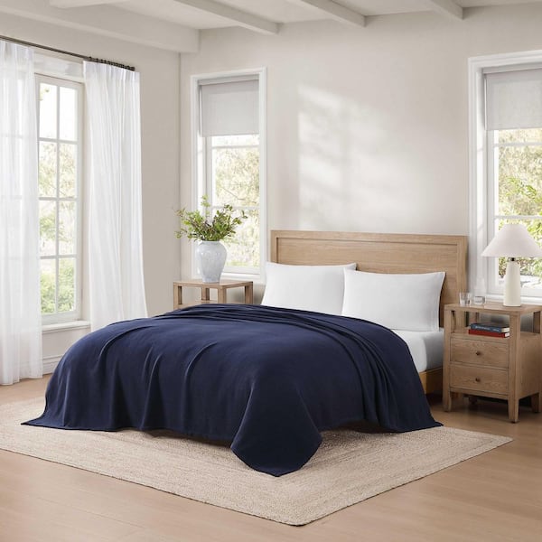 Pique Solid Navy Blue Cotton Twin Blanket