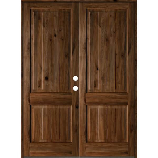 Krosswood Doors 72 in. x 96 in. Rustic Knotty Alder Square Top Provincial Stain/V-Groove Left-Hand Wood Double Prehung Front Door