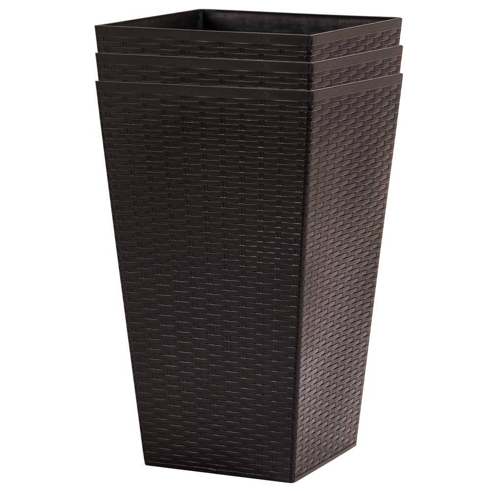 Set of 3 Tall Brown Rattan-Style Plastic Planters