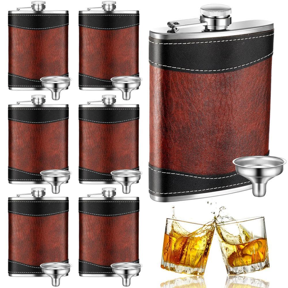 8 oz. Stainless Steel Hip Flasks Leather-Wrapped Liquor Set with Funnel (6-