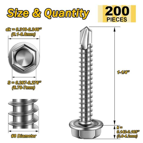#8 x 1-1/4 in. Stainless Steel Hex Washer Head Self Drilling Sheet Metal Screws (200-Pack)