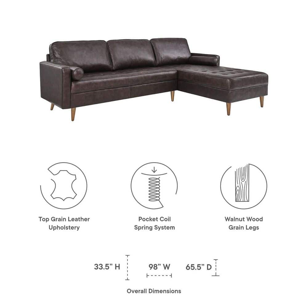 Elegant Tufted Brown Faux Leather 98" Sectional Sofa with Wood Accents