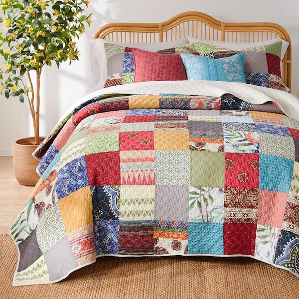 Greenland Home Fashions Renee Upcycle Patchwork 3-Piece Multi Cotton Blend Full/Queen Quilt Set