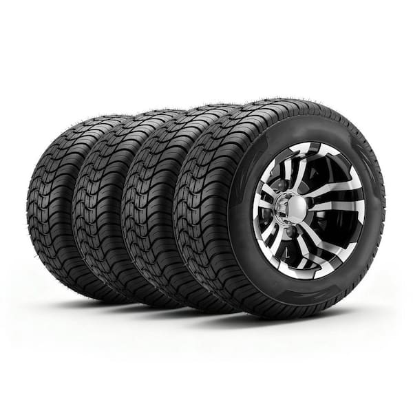 Golf Cart Wheels, 675 lbs. Load, 10 in. 205/50-10 Black Aluminum Alloy Golf Cart Tires, Rubber 4-Lug Lawn Mower Tires