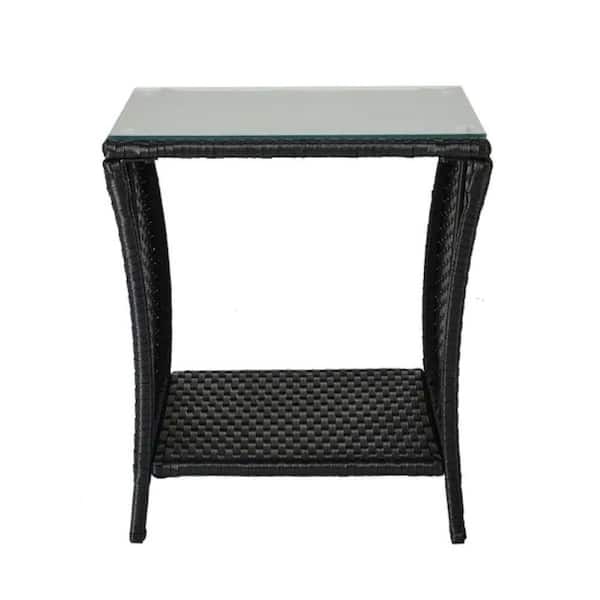 ESILOO Square Outdoor Patio PE Wicker Side Table with Glass Top and Storage Shelf (Black）