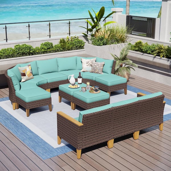 PHI VILLA Brown Rattan Wicker 12 Seat 12-Piece Steel Outdoor Patio Conversation Set with Blue Cushions