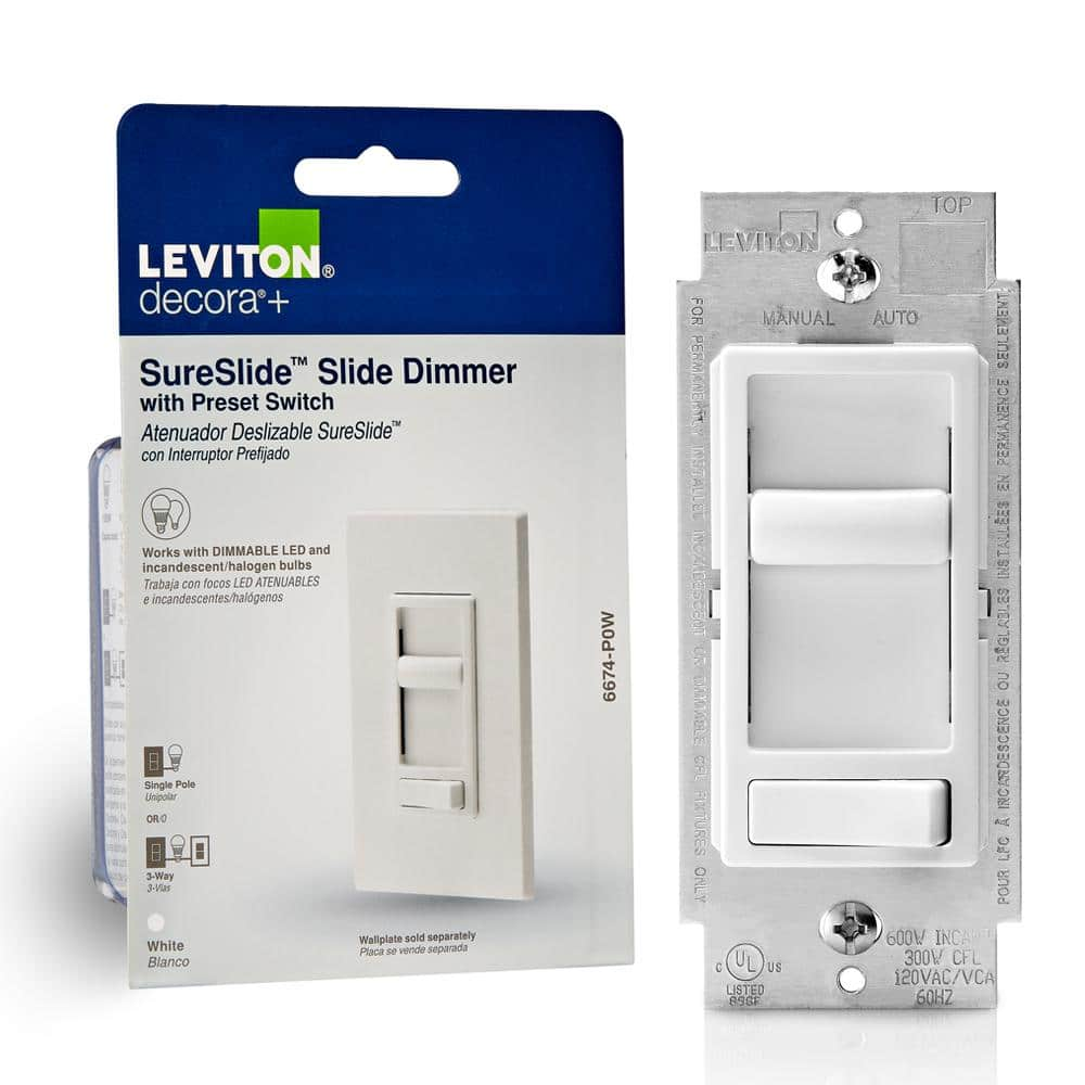 Leviton SureSlide Universal 150-Watt LED and CFL/600-Watt Incandescent  Dimmer, White R62-06674-P0W - The Home Depot