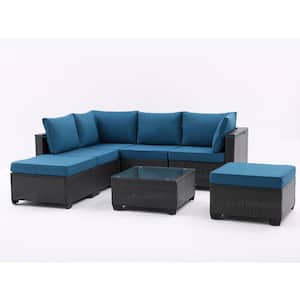 7-Piece Wicker Patio Conversation Set with Blue Cushions, Sectional Sofa with Corner Chair, Ottoman and Glass Top Table