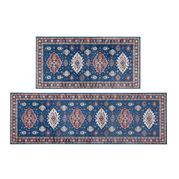 Billie Navy/Red 2 ft. x 6 ft. Medallion 2-Piece Rug Set