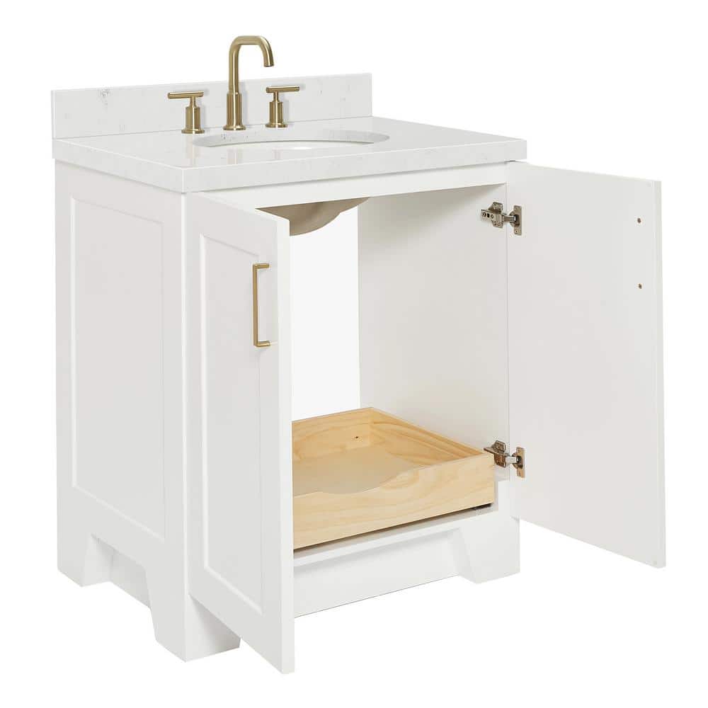 White Freestanding Single Vanity with Carrara Quartz Top